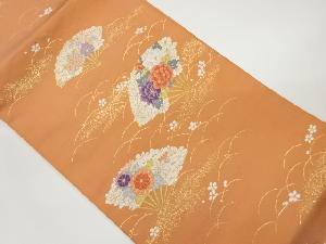 芝・扇に花々模様織出し名古屋帯